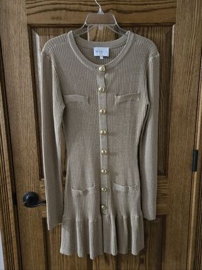 MARBLE Ribbed Knit Mini Dress in Beige with Gold Buttons And It Sparkles